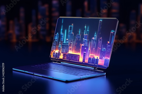 Glowing gaming laptop with 3D effects city screen wallpaper, ai generated