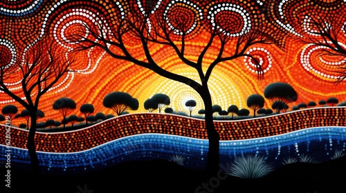 Generative AI : Skies of Colorful Tradition: Aboriginal Circle and Dot Painting photo