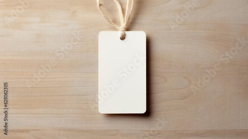 white blank tag with a rope for mockup on cream color background