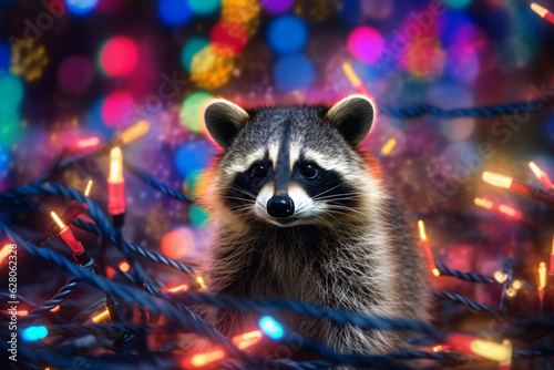 Cheerful Raccoon Surrounded by Colorful String Lights and Sparkling Delight AI generated
