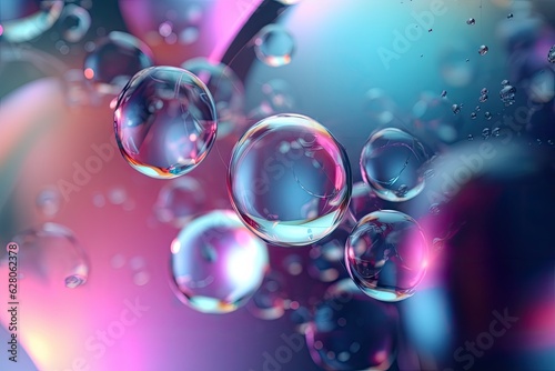 A background of multicolored water bubbles in shades of blue and pink forms intricate and futuristic patterns representing fluid and molecular space.