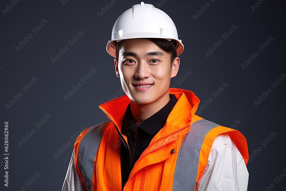 Portrait of young Asian man wearing safety helmet and reflective vest.Generative Ai Portrait of young Asian man wearing safety helmet and reflective vest.Generative Ai