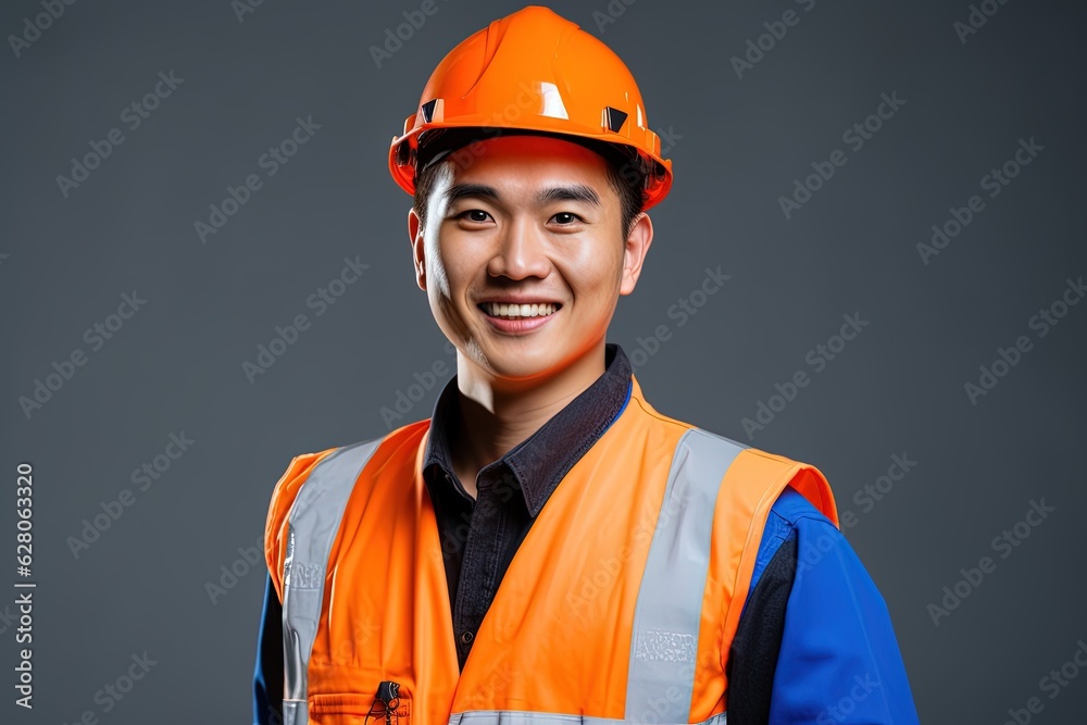 Portrait of young Asian man wearing safety helmet and reflective vest.Generative Ai Portrait of young Asian man wearing safety helmet and reflective vest.Generative Ai