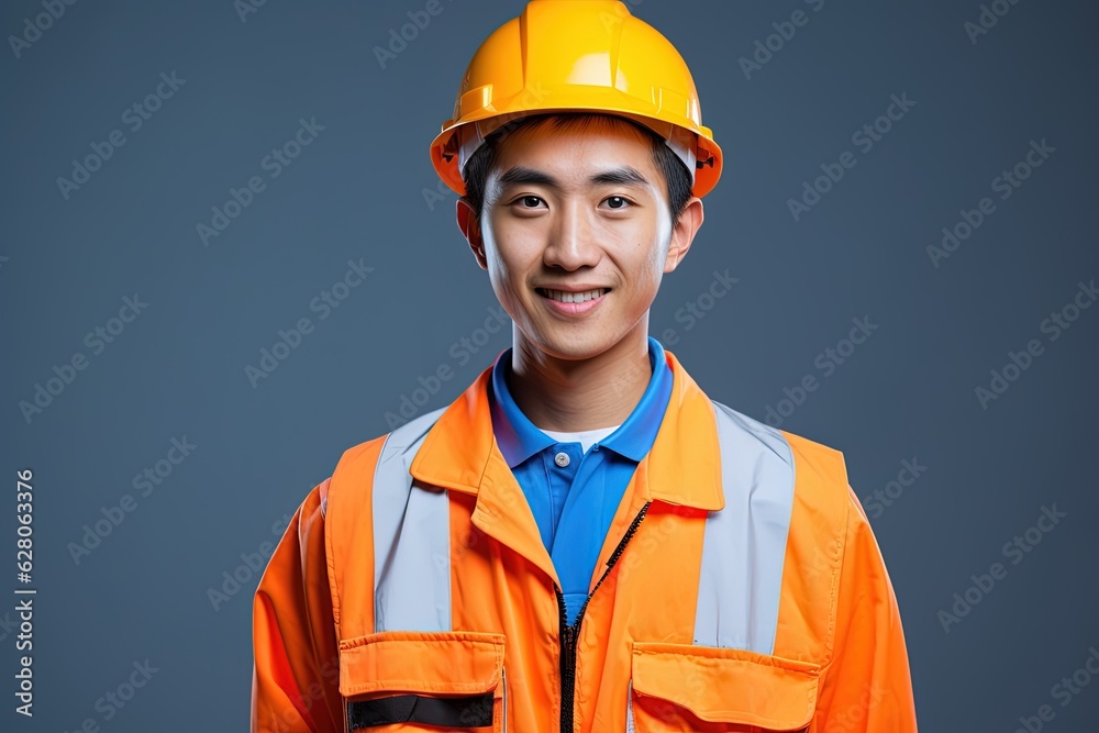 Portrait of young Asian man wearing safety helmet and reflective vest.Generative Ai Portrait of young Asian man wearing safety helmet and reflective vest.Generative Ai