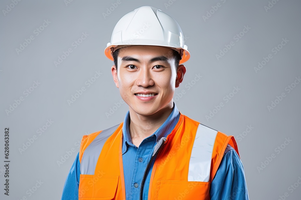 Portrait of young Asian man wearing safety helmet and reflective vest.Generative Ai Portrait of young Asian man wearing safety helmet and reflective vest.Generative Ai