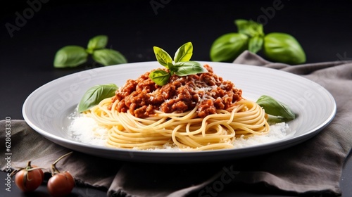 Generative AI : Delicious Spaghetti Bolognese with Fresh Basil and Savory Sauce - A Taste of Authentic Italian Cuisine