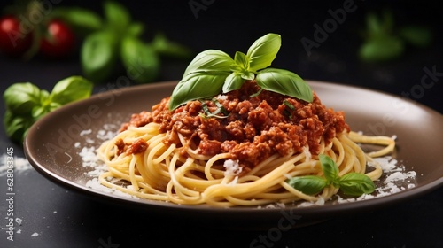 Generative AI : Delicious Spaghetti Bolognese with Fresh Basil and Savory Sauce - A Taste of Authentic Italian Cuisine