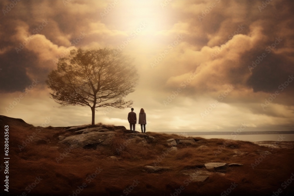 Illustration of two people standing next to a tree on top of a hill, created using generative AI