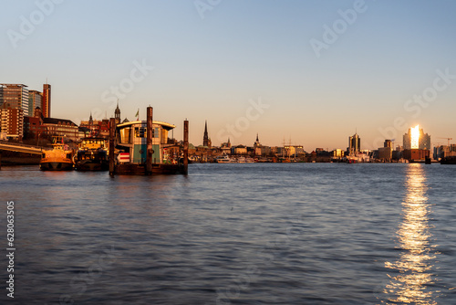 Hamburg harbor: skyline of the city of hamburg in sunset