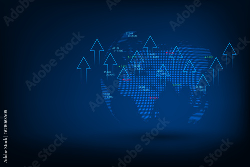 Vector stock market graph trading with world map.