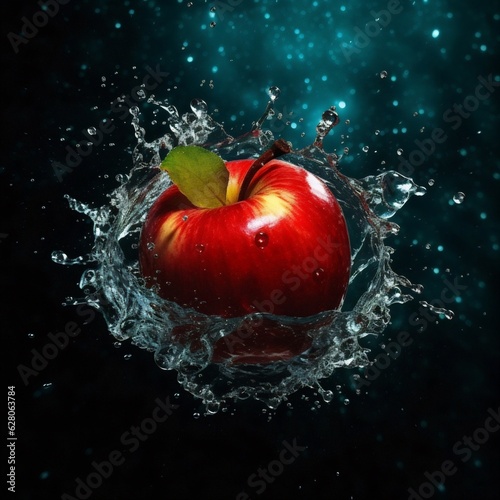 Generative AI : Graceful Fruit Descent: Apple Falling into Water-Filled Glass Bowl