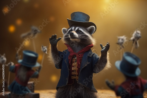 Hilarious Raccoon Magician Wearing a Magic Hat Performing Tricks on Stage AI generated