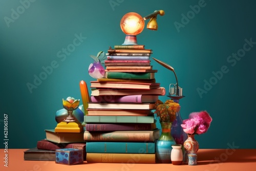 Illustration of a stack of books with a lamp on top, created using generative AI