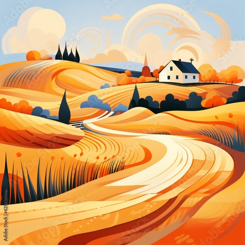 Generative AI   Abstract rural landscape with farm house. Vector illustration  wheat fields and meadows