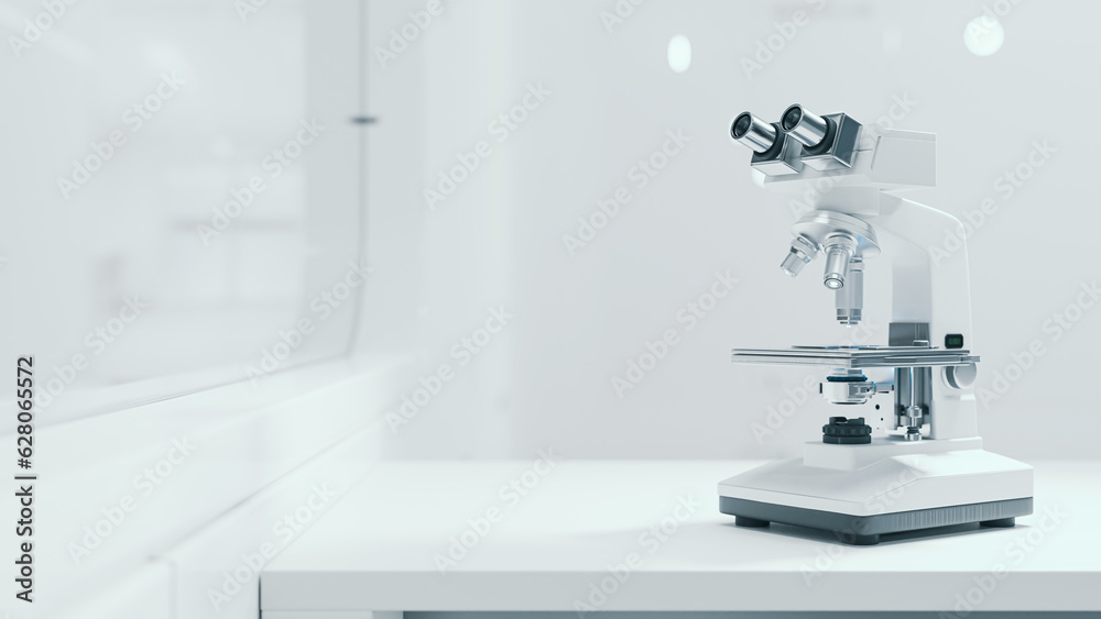 Microscope chemistry. pharmaceutical instrument. microbiology magnifying tool and symbol of chemical science exploration. Space for banner and logo. Science and Technology background, 3D Render.