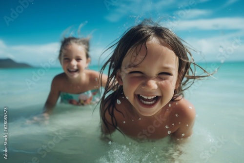 Generative AI : Beach Fun: Happy Little Girls Playfully Splashing in Refreshing Waters © The Little Hut