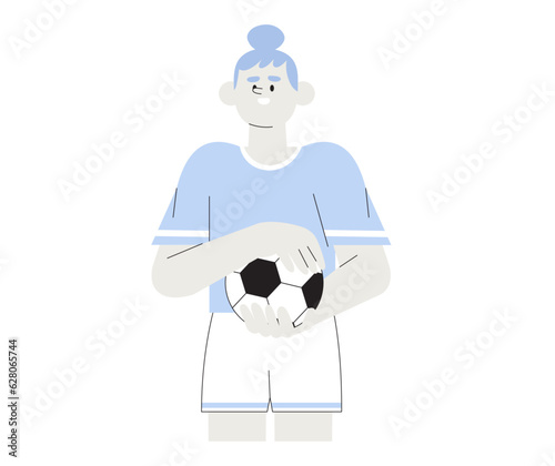 Vector illustration of girl in professional uniform play football or soccer. Creative children soccer, football club, game or friendly match illustration. Female or family soccer club or competition.