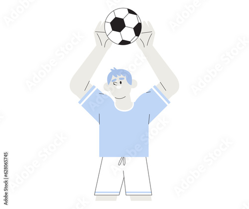 Vector illustration of boy in professional uniform playing football or soccer. Creative children soccer, football club, game or friendly match illustration. Male or family soccer club or competition.