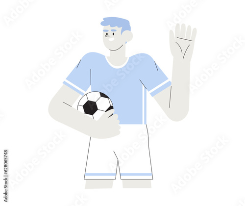 Vector illustration of boy in professional uniform playing football or soccer. Creative man soccer, football club, game or friendly match illustration. Male or family soccer club or competition.