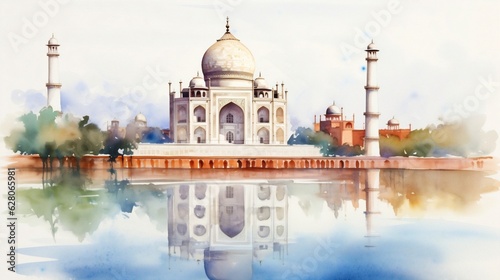 Generative AI : Majestic Watercolor: Taj Mahal - An Exquisite Illustration of India's Iconic Landmark