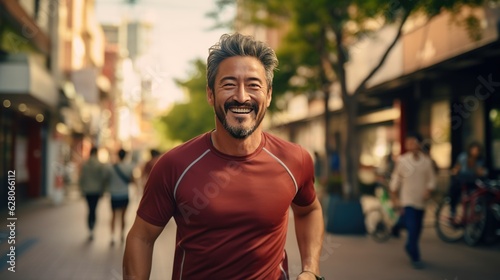 portrait of a man. middle age Asain running. urban city background.