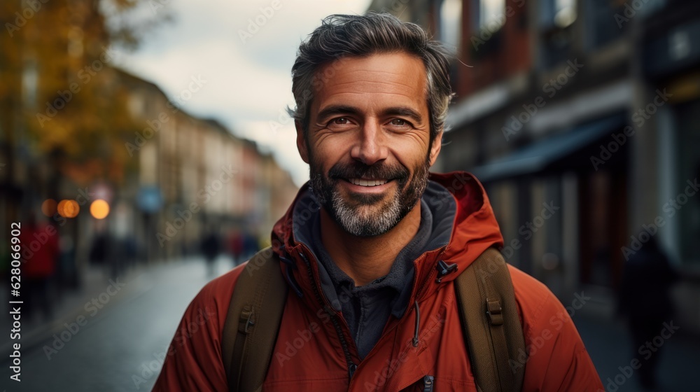 portrait of a man. middle age man running. urban city background.