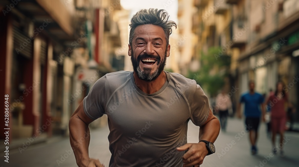 portrait of a man. middle age amn running. urban city background. portrait of a man. middle age amn running. urban city background.