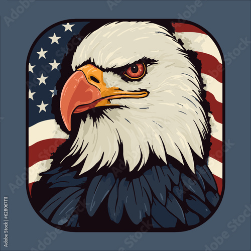 bald eagle with us Flag, Illustration, Vector Graphic, comic portrait Style