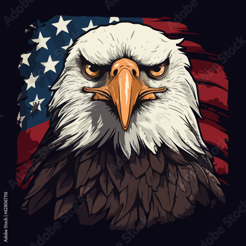 bald eagle portrait with us Flag, realistic Illustration, Vector Graphic, comic Style photo