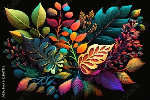 Colorful floral design with psychedelic stickers shaped like leaves. Generative AI