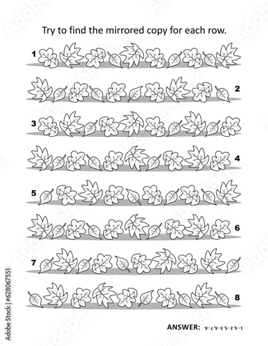 Find mirrored row visual puzzle and coloring page with autumn leaves. Answer included. 