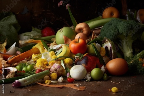 Illustration of a colorful assortment of fruits and vegetables displayed on a table  created using generative AI