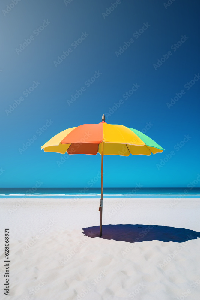 Sombrilla en la playa solitaria clavada en la arena. Playa vacía con sombrilla de colores delante del mar. Generative ai.