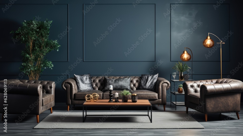 large living room with modern interior design with leather sofas and ...