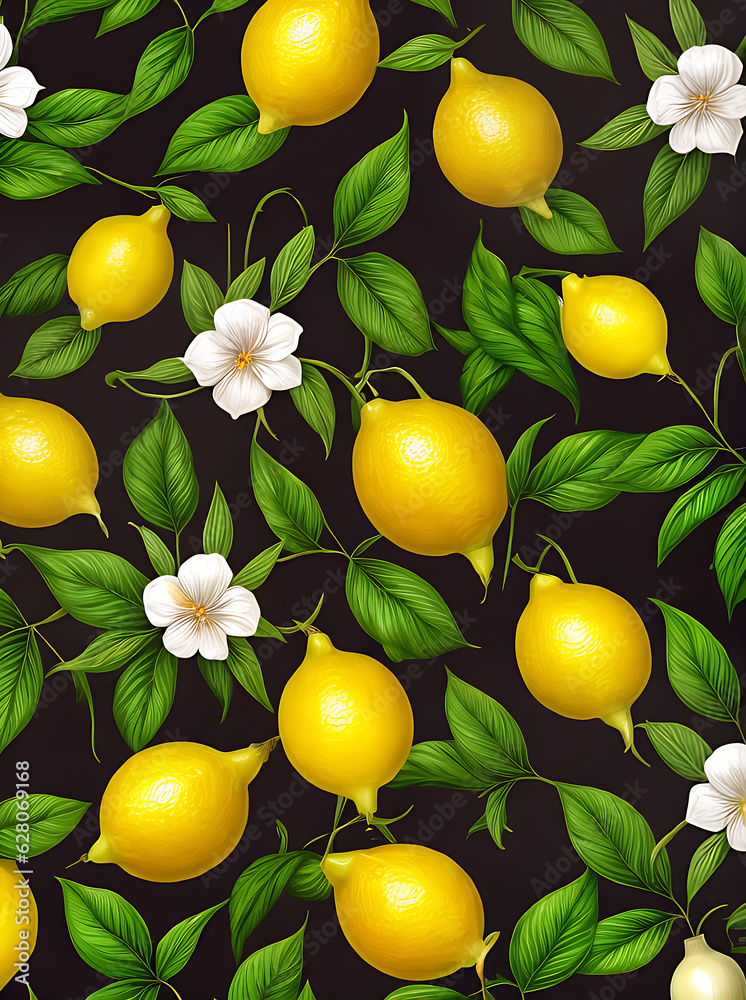 Floral backdrop lemons leaves realistic neutral toned.