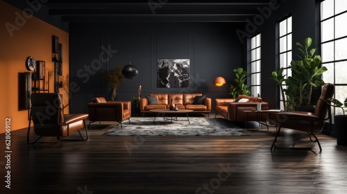 large living room with modern interior design with leather sofas and chairs for home against the background of a dark classic wall, Generative AI