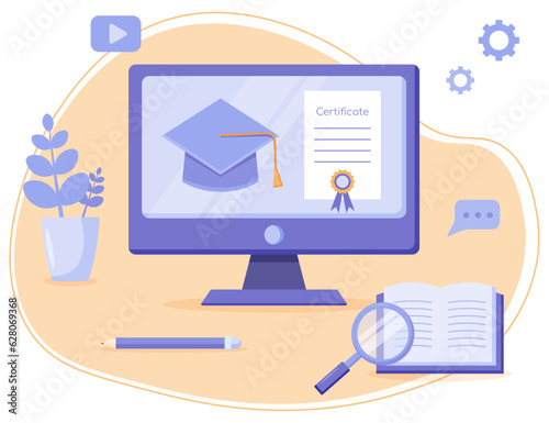 Certificate on monitor screen for e-learning course, webinar and online education concept on top of office desk, vector flat illustration