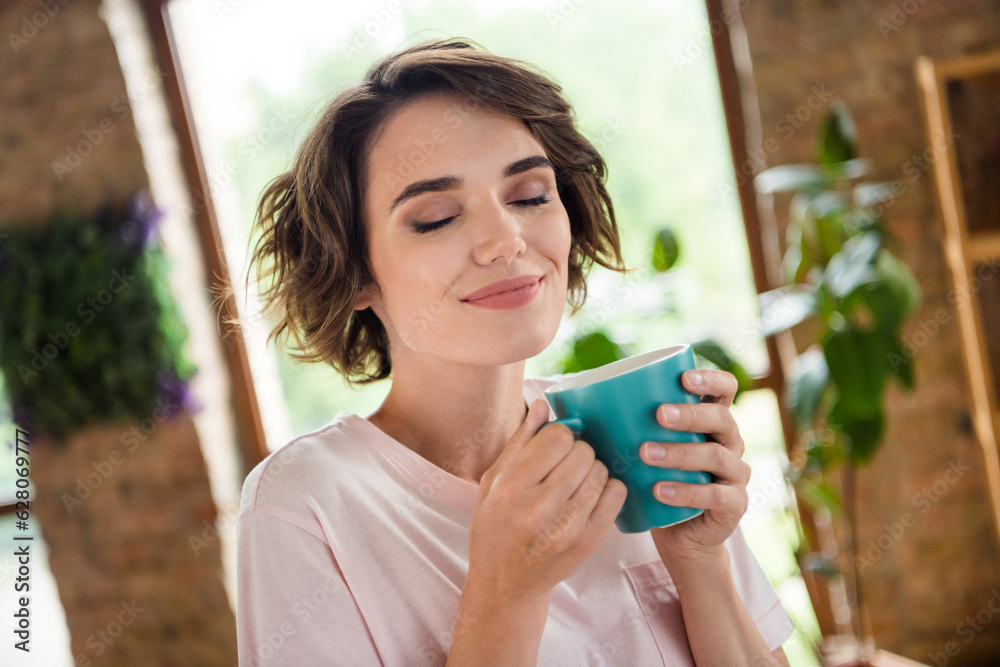 Fototapeta premium Harmony delight daydream photo relaxed young lady pleased drinking favorite cacao every day good morning in office workplace background