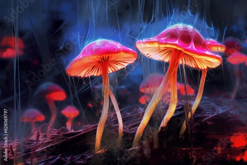 Illustration of three mushrooms in the rain, created using generative AI