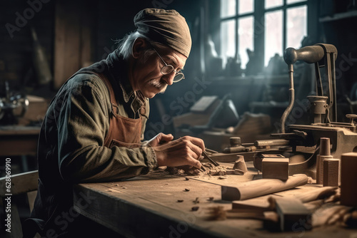 Carpenter working on woodworking in carpentry shop with woodworking tools, handicraft concept, manual work with wood. Generative AI. © Sebastian