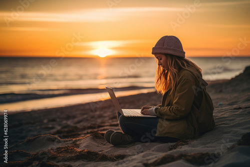 A joyful woman works on a laptop at sunrise on a beach. Warm light illuminates her content expression. The pastel colors of the ocean complement her vibrant attire. Generative ai.