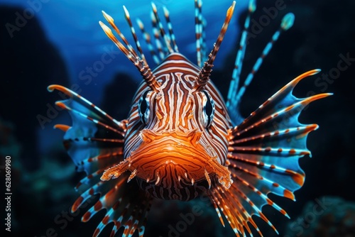 Illustration of a close-up view of a lionfish swimming in the water, created using generative AI