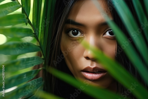 The stunning face of an Afro-American woman is partially hidden by large palm leaves. The captivating image evokes a sense of mystery and allure. Generative Ai, Ai.