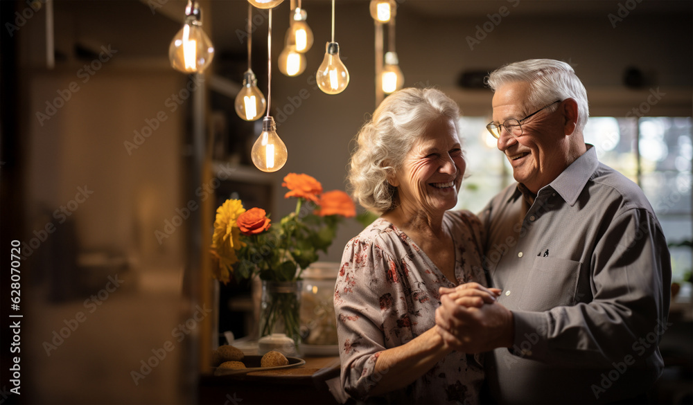 retired couple hugging each other with smiles on their faces
