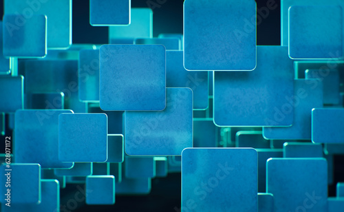 Abstract background, technology concept, 3D rendering, matte glass squares with colorful light emitter