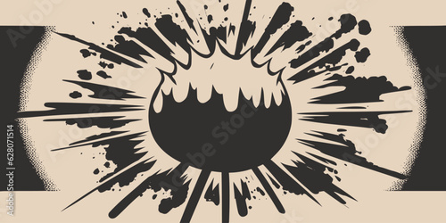 Vintage retroo cartonn comics ink abstract drawing texture background with huge atomic explosion. Graphic Vector
