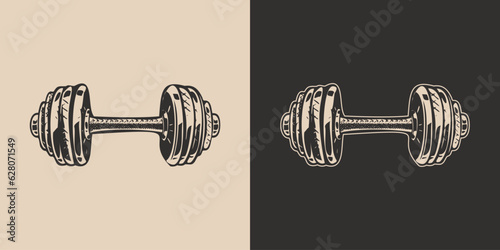 Set of vintage retro barbell. Gym fit powerlifting bodybuilding inspirational strong life power motivation. Graphic Art. style