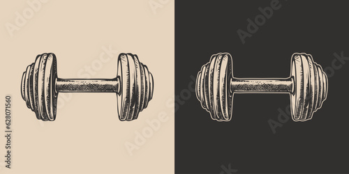 Set of vintage retro barbell. Gym fit powerlifting bodybuilding inspirational strong life power motivation. Graphic Art. style