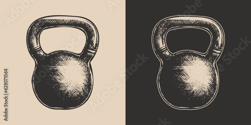Set of vintage retro fit gym weight kettlenells.. Can be used for emblem, logo, badge, label. mark, poster or print. Monochrome Graphic Art. Vector. Hand drawn element. work