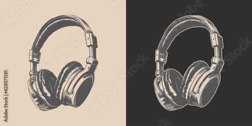 Set of vintage retro engraving stereo studio headphones. Can be used like emblem, logo, badge, label. mark, poster or print. Monochrome Graphic Art. Vector. Hand drawn element in engraving